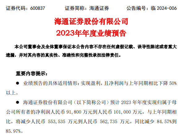 海通证券投行业务连收罚单 2023年业绩预计大幅下滑