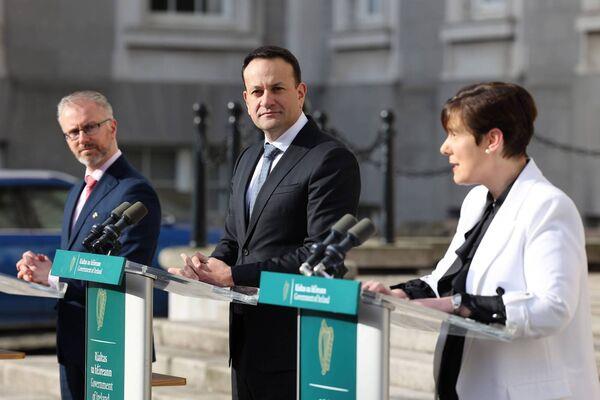 Taoiseach Leo Varadkar pictured with Minister for Children, Equality, Disability, Integration and Youth Roderic O'Gorman and Mininister for Education Norma Foley pictured at a press co<em></em>nference in Government Buildings Dublin today 08 March 2023 announcing the holding of a referendum on gender equality. Photograph: Government Information Service