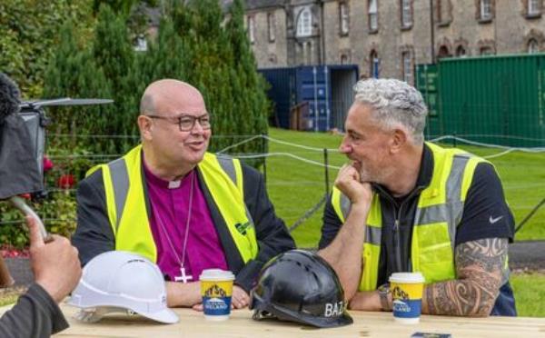 Dr Paul Colton and Baz Ashmawy at the start of restoration work at Kingston College, in Mitchelstown, Co Cork during the DIY SOS Christmas special. Picture: Neil Michael.