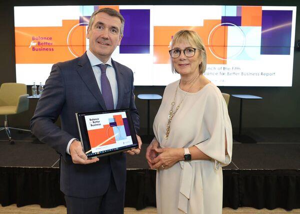 Balance for Better Business co-chairs Julie Sinnamon and Ao<em></em>ngus Hegarty, launching the group's fifth annual report which has found that Irish businesses have made significant progress in the past year towards achieving gender balance at board level.