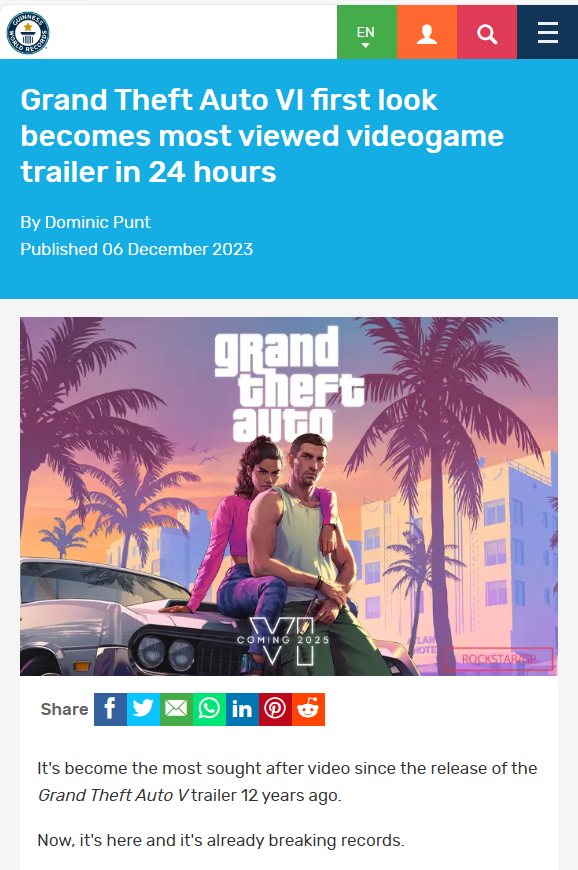 吉尼斯认证，《GTA 6》首支预告片冲破三项世界纪录