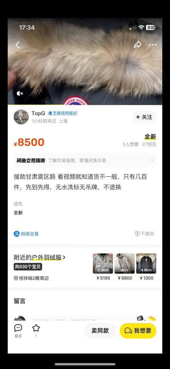 加拿大鹅援助震区的羽绒服被挂咸鱼倒卖？积石山回应