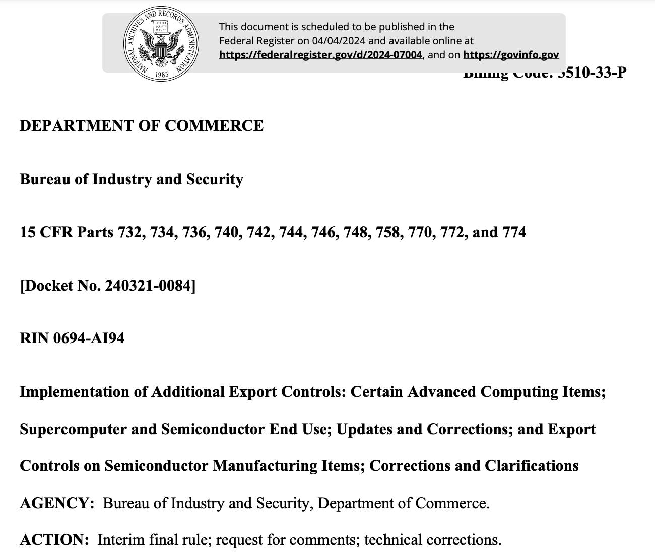 美国修订对华半导体出口管制令 拟于4月4日失效